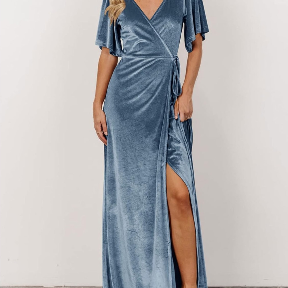 Dusty Steele Blue Velvet Wrap Dress